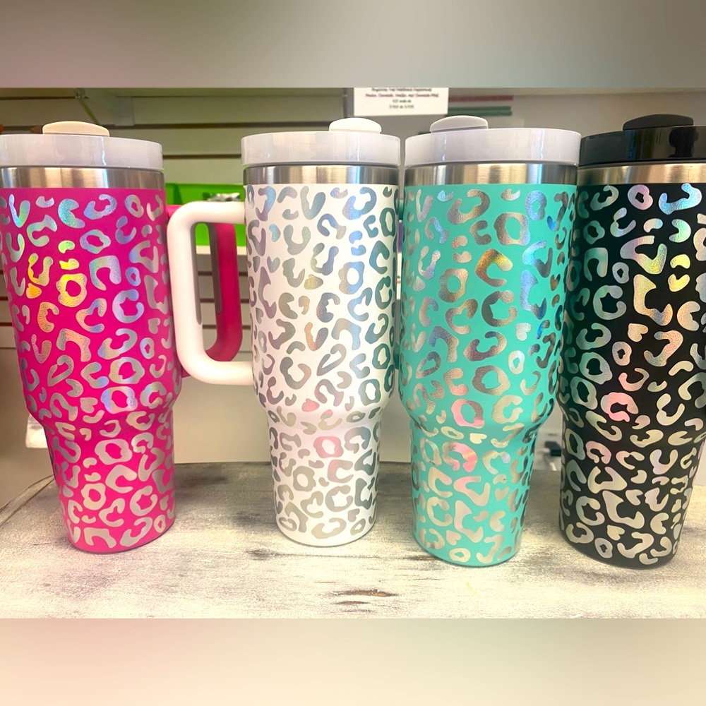 New! 40 oz holographic leopard tumbler with lid and straw!